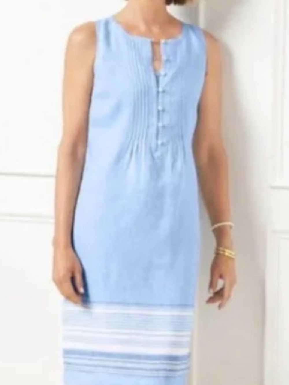 Talbots 100% Linen Blue Striped Hem Sleeveless Shift Dress Size 14